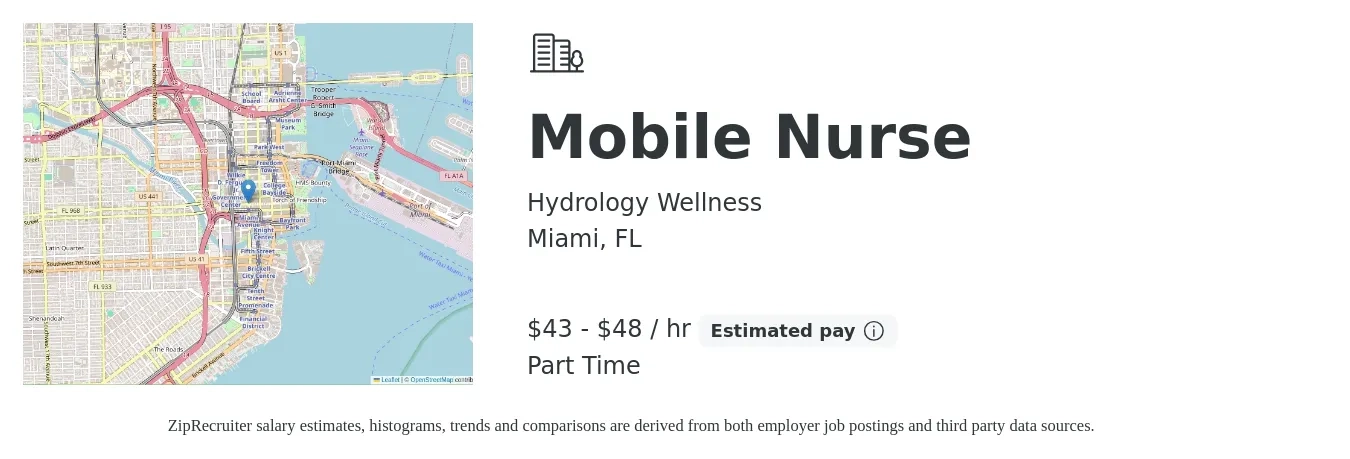 Hydrology Wellness job posting for a Mobile Nurse in Miami, FL with a salary of $45 to $50 Hourly with a map of Miami location.