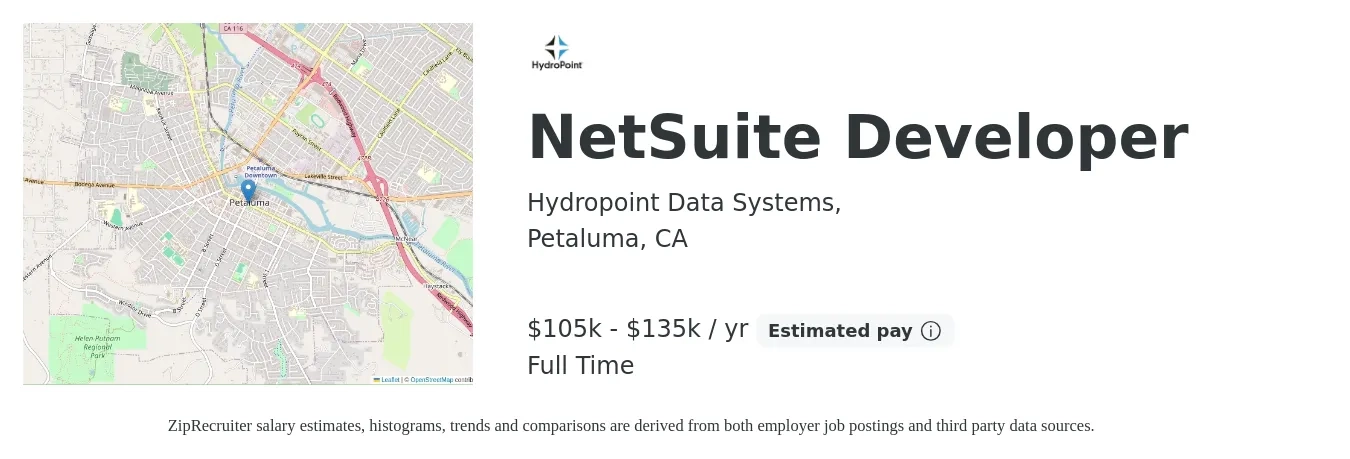 Hydropoint Data Systems, job posting for a NetSuite Developer in Petaluma, CA with a salary of $105,000 to $135,000 Yearly with a map of Petaluma location.