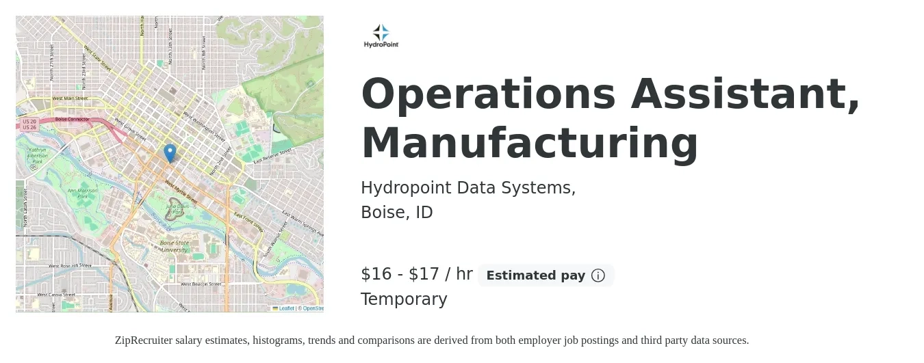 Hydropoint Data Systems, job posting for a Operations Assistant, Manufacturing in Boise, ID with a salary of $17 to $18 Hourly with a map of Boise location.