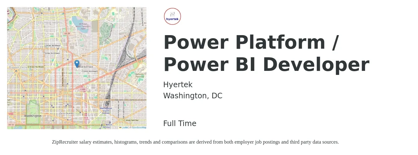 Hyertek job posting for a Power Platform / Power BI Developer in Washington, DC with a salary of $110,000 to $125,000 Yearly with a map of Washington location.