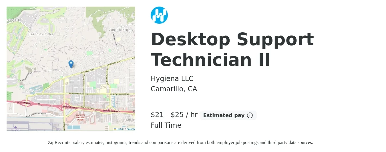 Hygiena LLC job posting for a Desktop Support Technician II in Camarillo, CA with a salary of $22 to $26 Hourly with a map of Camarillo location.