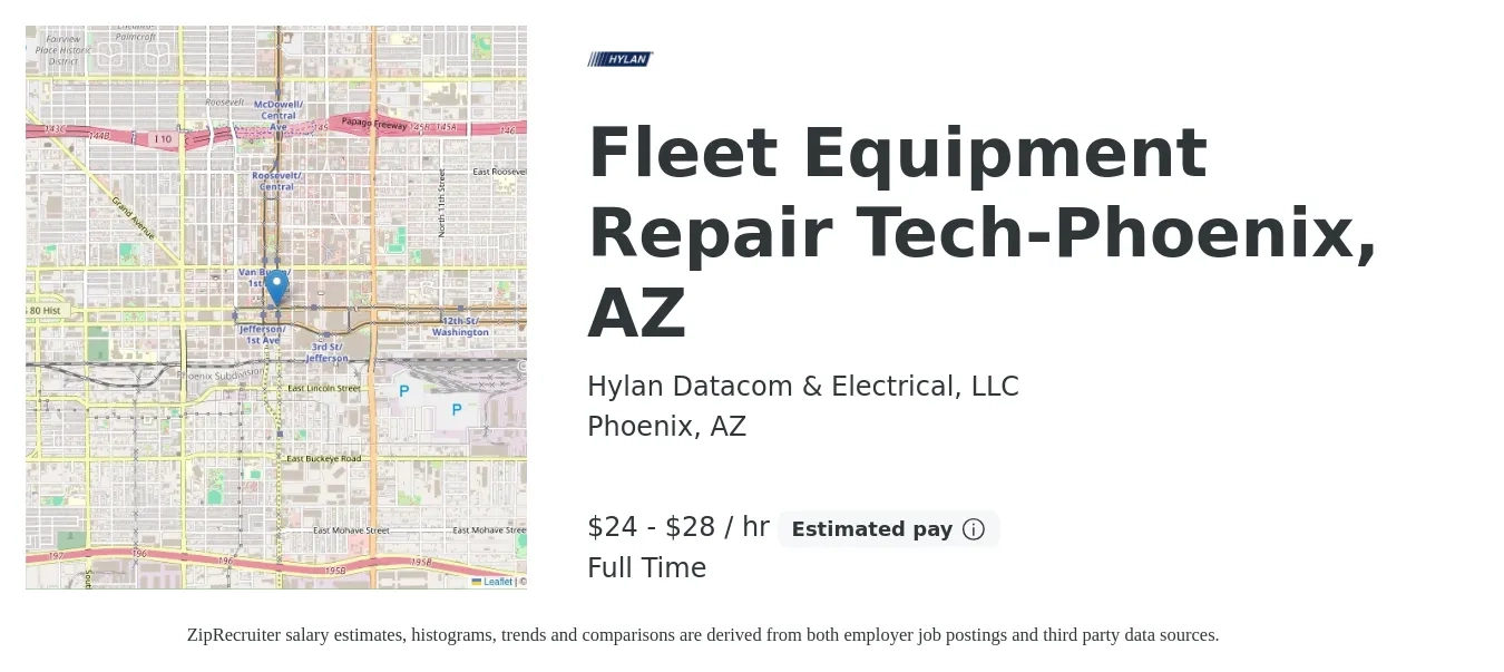 Hylan Datacom & Electrical, LLC job posting for a Fleet Equipment Repair Tech-Phoenix, AZ in Phoenix, AZ with a salary of $25 to $30 Hourly with a map of Phoenix location.