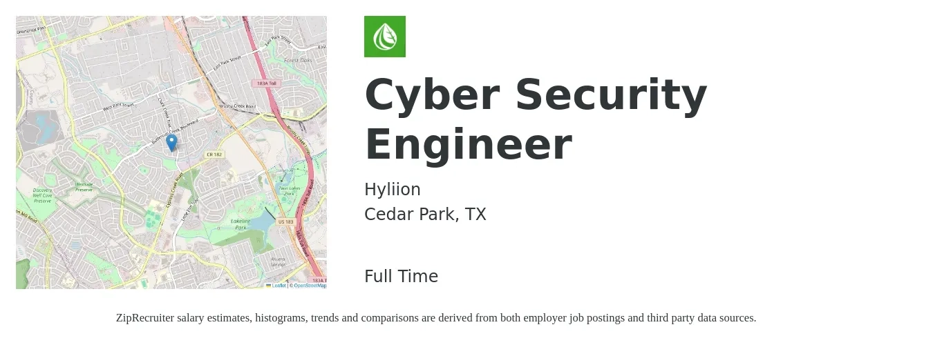 Hyliion job posting for a Cybersecurity Engineer in Cedar Park, TX with a salary of $95,900 to $133,500 Yearly with a map of Cedar Park location.