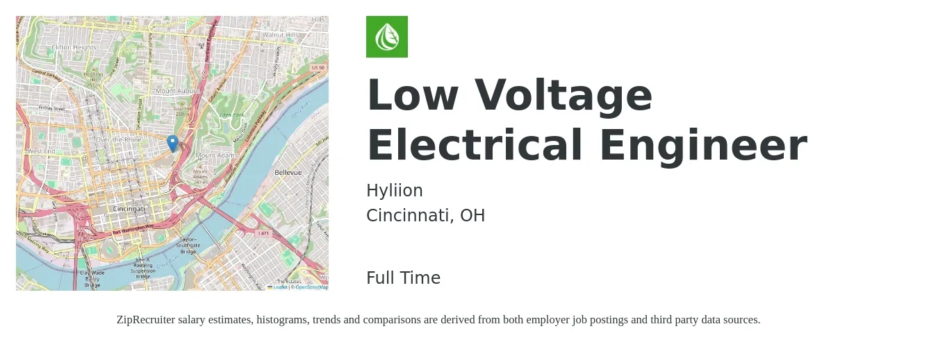 Hyliion job posting for a Low Voltage Electrical Engineer in Cincinnati, OH with a salary of $79,600 to $126,600 Yearly with a map of Cincinnati location.
