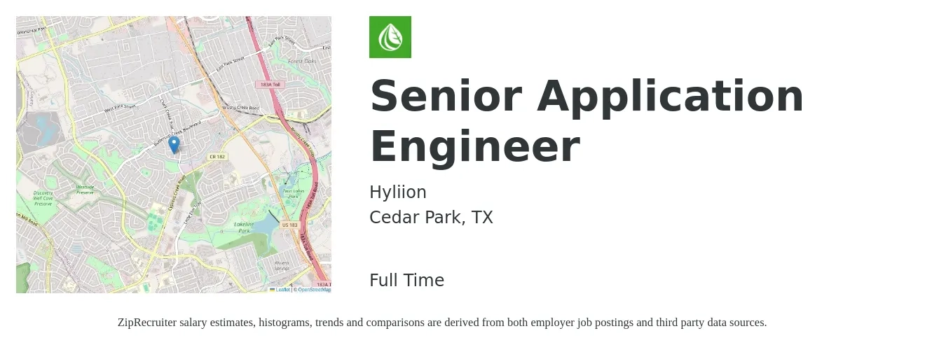Hyliion job posting for a Senior Application Engineer in Cedar Park, TX with a salary of $101,600 to $135,900 Yearly with a map of Cedar Park location.