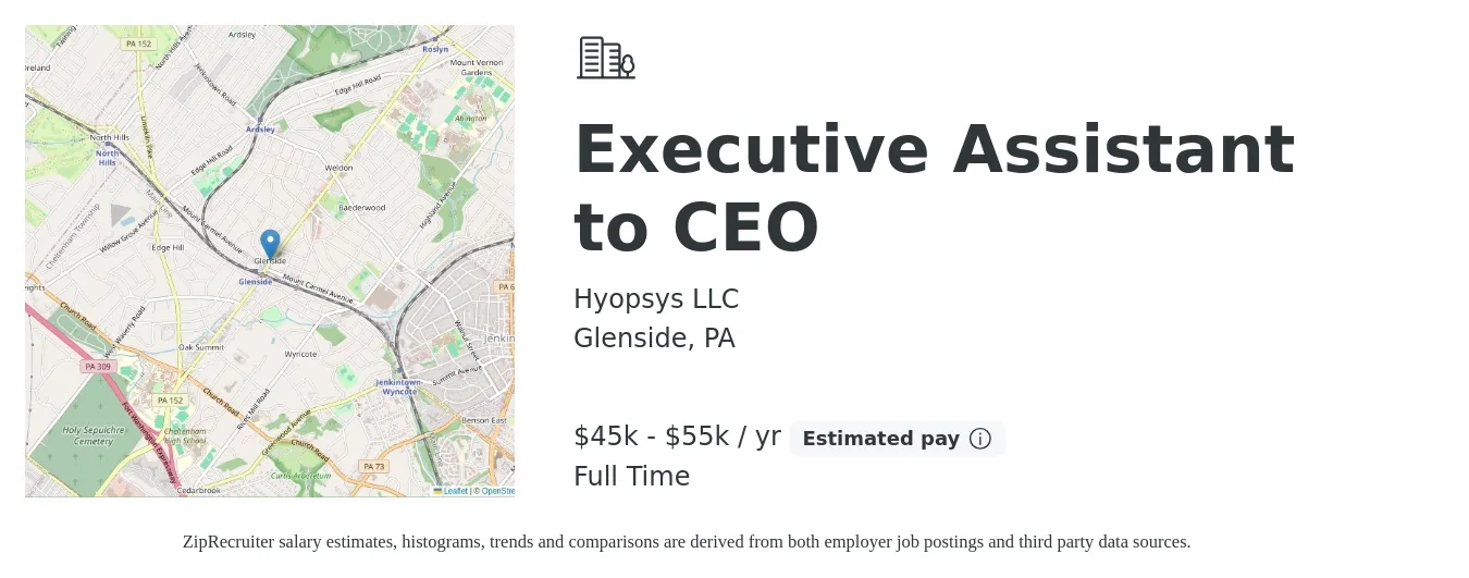 Hyopsys LLC job posting for a Executive Assistant to CEO in Glenside, PA with a salary of $45,000 to $55,000 Yearly with a map of Glenside location.