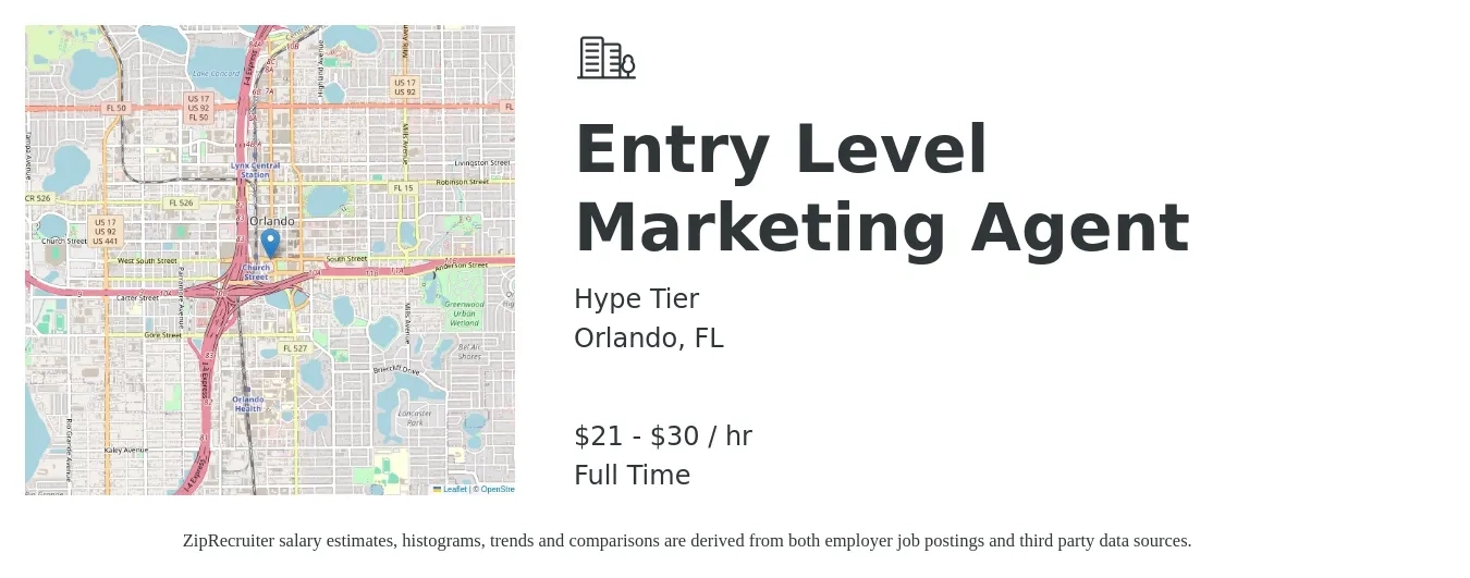 Hype Tier job posting for a Entry Level Marketing Agent in Orlando, FL with a salary of $22 to $32 Hourly with a map of Orlando location.