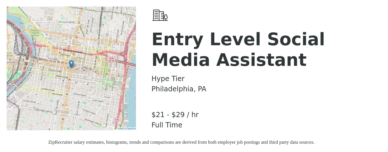 Hype Tier job posting for a Entry Level Social Media Assistant in Philadelphia, PA with a salary of $22 to $31 Hourly with a map of Philadelphia location.