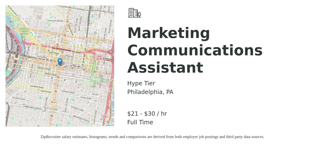 Hype Tier job posting for a Marketing Communications Assistant in Philadelphia, PA with a salary of $22 to $32 Hourly with a map of Philadelphia location.