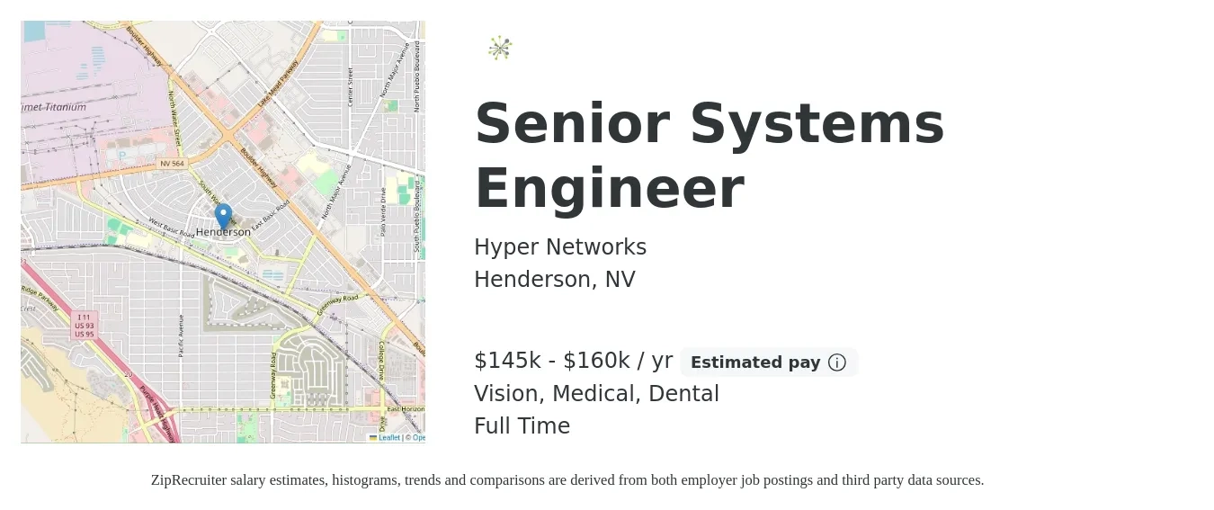 Hyper Networks job posting for a Senior Systems Engineer in Henderson, NV with a salary of $145,000 to $160,000 Yearly and benefits including retirement, vision, dental, life_insurance, and medical with a map of Henderson location.