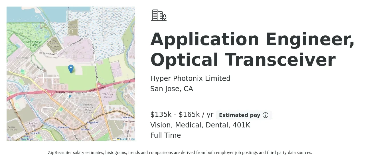 Hyper Photonix Limited job posting for a Application Engineer, Optical Transceiver in San Jose, CA with a salary of $135,000 to $165,000 Yearly (plus commission) and benefits including 401k, dental, medical, and vision with a map of San Jose location.