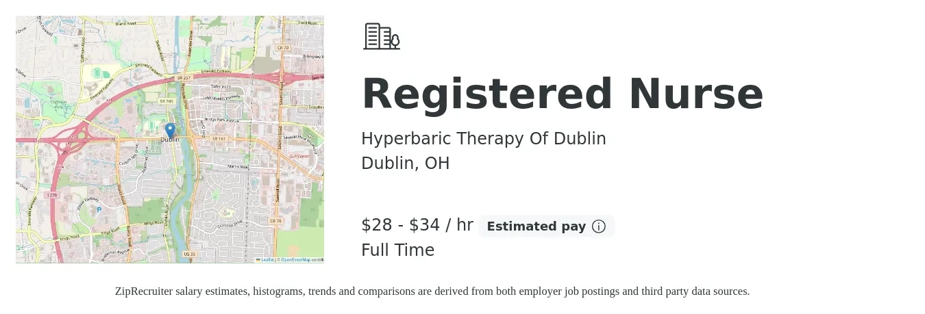 Hyperbaric Therapy Of Dublin job posting for a Registered Nurse in Dublin, OH with a salary of $30 to $36 Hourly and benefits including pto, and retirement with a map of Dublin location.