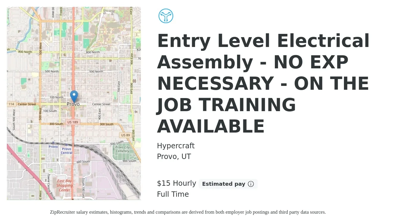 Hypercraft job posting for a Entry Level Electrical Assembly - NO EXP NECESSARY - ON THE JOB TRAINING AVAILABLE in Provo, UT with a salary of $16 Hourly with a map of Provo location.