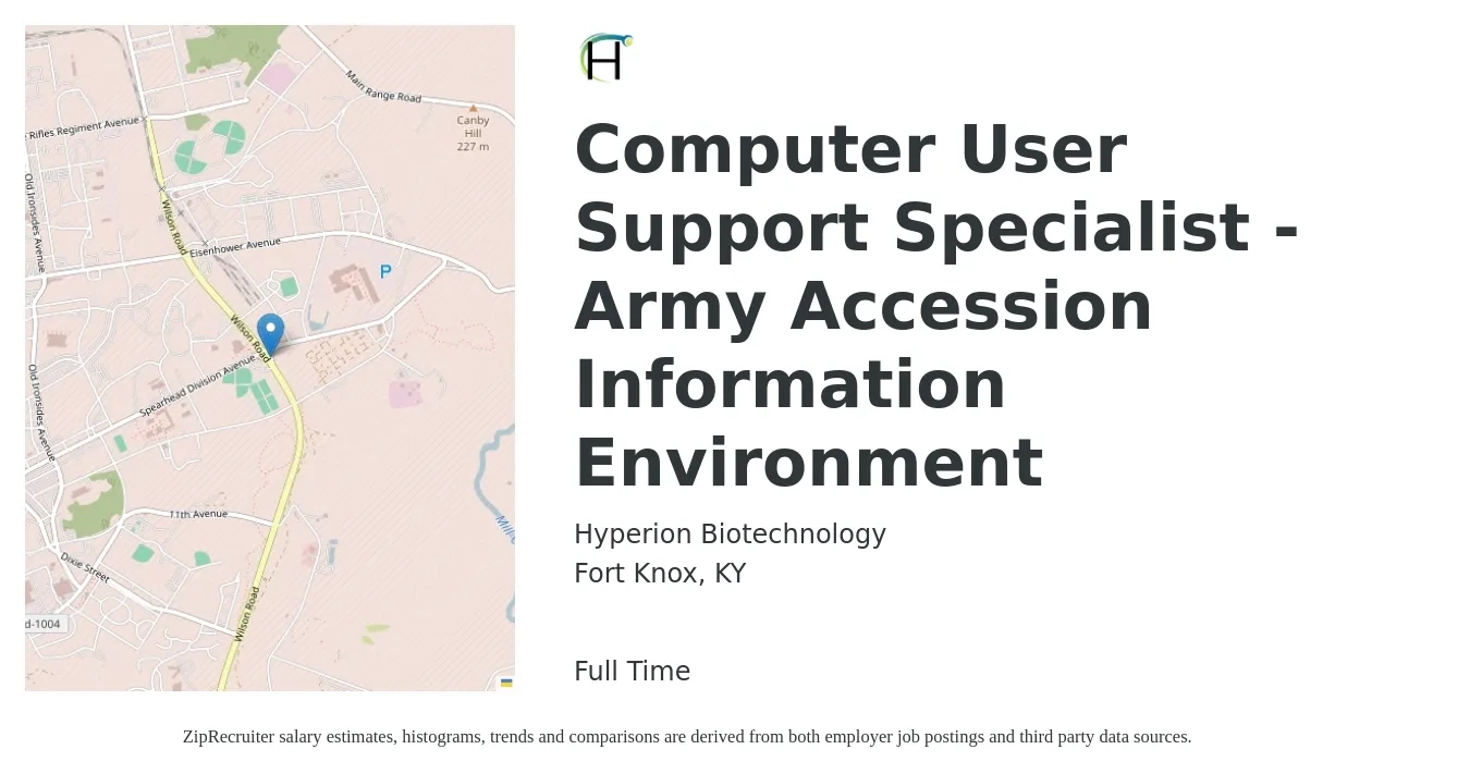 Hyperion Biotechnology job posting for a Computer User Support Specialist - Army Accession Information Environment in Fort Knox, KY with a salary of $44,300 to $89,500 Yearly with a map of Fort Knox location.