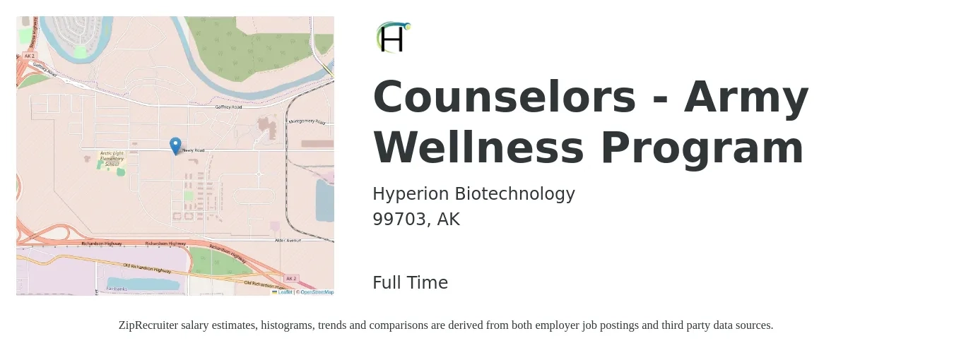 Hyperion Biotechnology job posting for a Counselors - Army Wellness Program in 99703, AK with a salary of $21 to $31 Hourly with a map of 99703 location.
