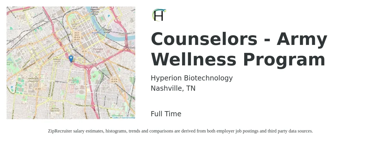 Hyperion Biotechnology job posting for a Counselors - Army Wellness Program in Nashville, TN with a salary of $20 to $29 Hourly with a map of Nashville location.