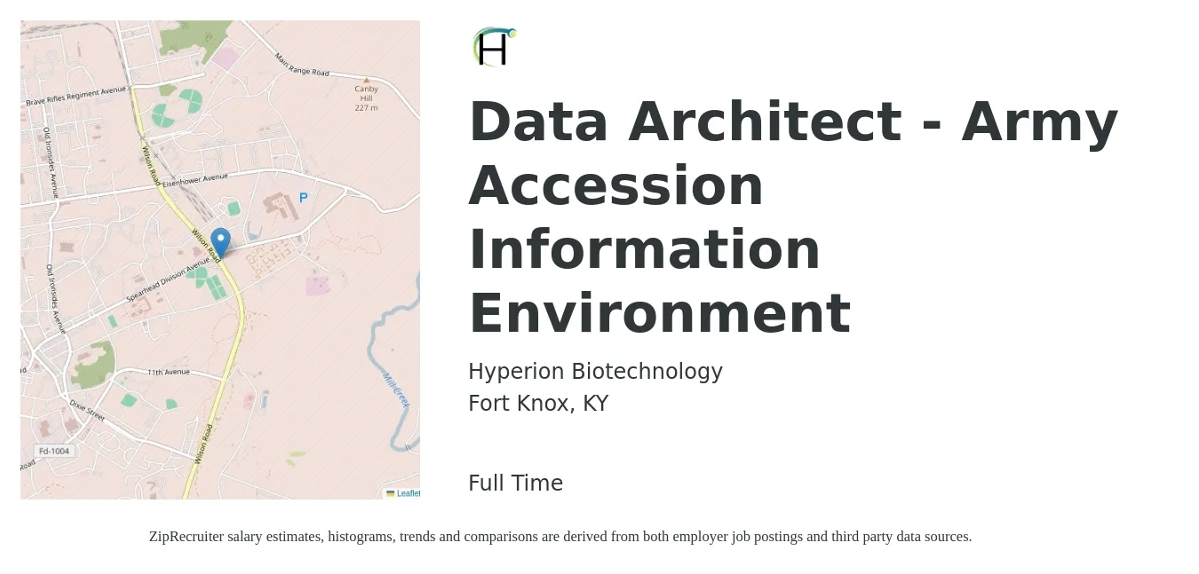 Hyperion Biotechnology job posting for a Data Architect - Army Accession Information Environment in Fort Knox, KY with a salary of $61 to $78 Hourly with a map of Fort Knox location.
