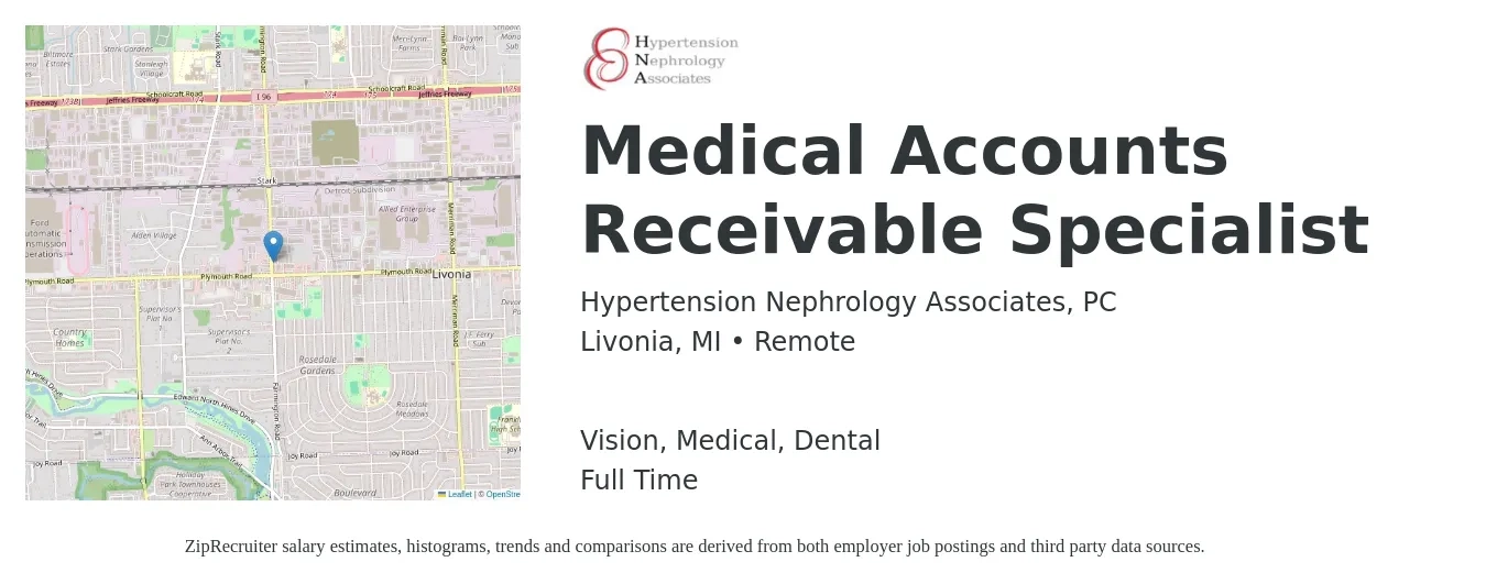 Hypertension Nephrology Associates, PC job posting for a Medical Accounts Receivable Specialist in Livonia, MI with a salary of $18 to $22 Hourly and benefits including vision, dental, medical, pto, and retirement with a map of Livonia location.