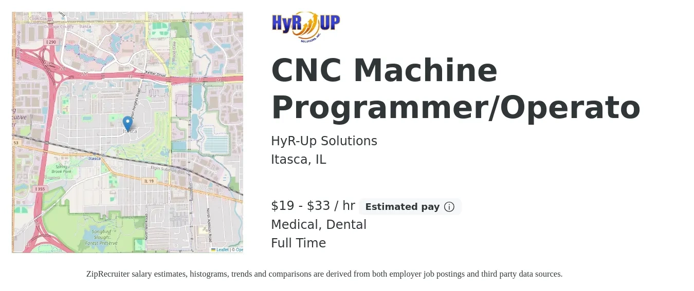HyR-Up Solutions job posting for a CNC Machine Programmer/Operato in Itasca, IL with a salary of $20 to $35 Hourly and benefits including dental, medical, and retirement with a map of Itasca location.