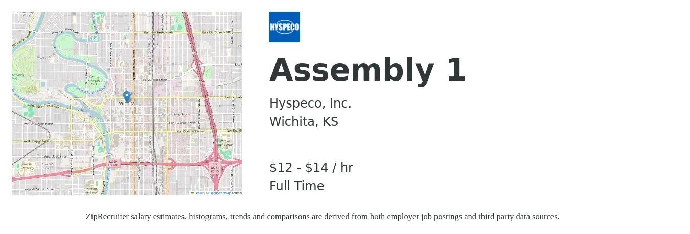Hyspeco, Inc. job posting for a Assembly 1 in Wichita, KS with a salary of $13 to $15 Hourly with a map of Wichita location.