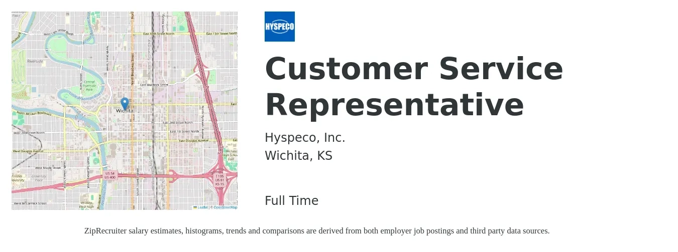 Hyspeco, Inc. job posting for a Customer Service Representative in Wichita, KS with a salary of $14 to $20 Hourly with a map of Wichita location.