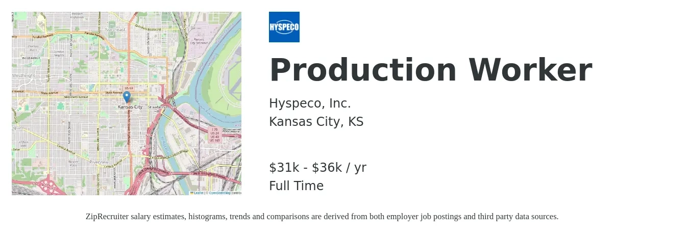 Hyspeco, Inc. job posting for a Production Worker in Kansas City, KS with a salary of $31,000 to $36,000 Yearly with a map of Kansas City location.