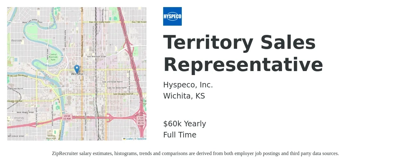 Hyspeco, Inc. job posting for a Territory Sales Representative in Wichita, KS with a salary of $60,000 Yearly with a map of Wichita location.