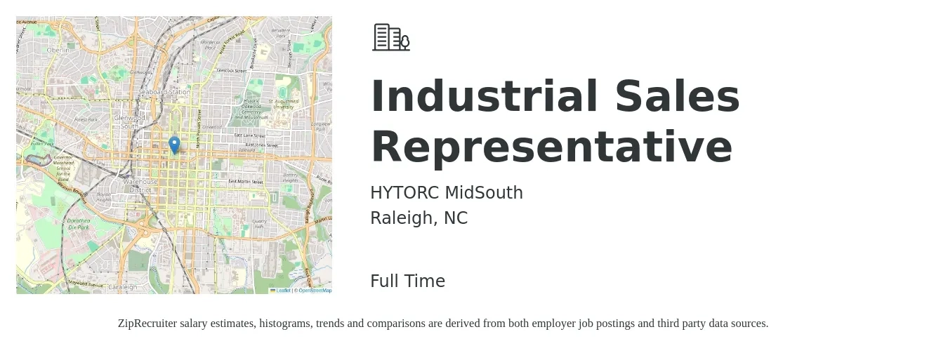 HYTORC MidSouth job posting for a Industrial Sales Representative in Raleigh, NC with a salary of $46,700 to $81,700 Yearly with a map of Raleigh location.