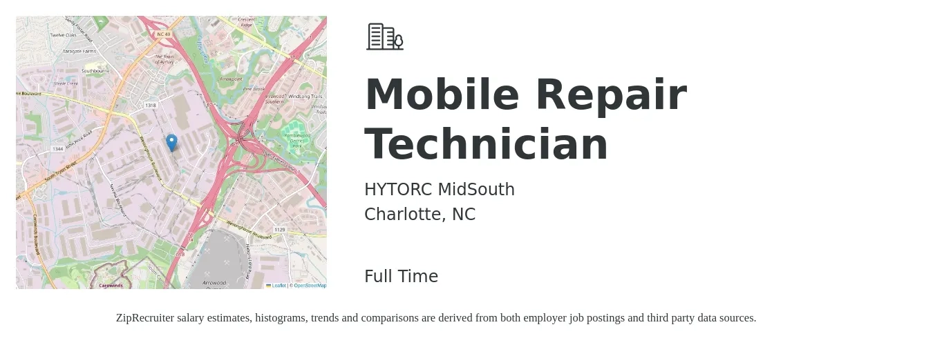 HYTORC MidSouth job posting for a Mobile Repair Technician in Charlotte, NC with a salary of $80,000 to $120,000 Yearly with a map of Charlotte location.