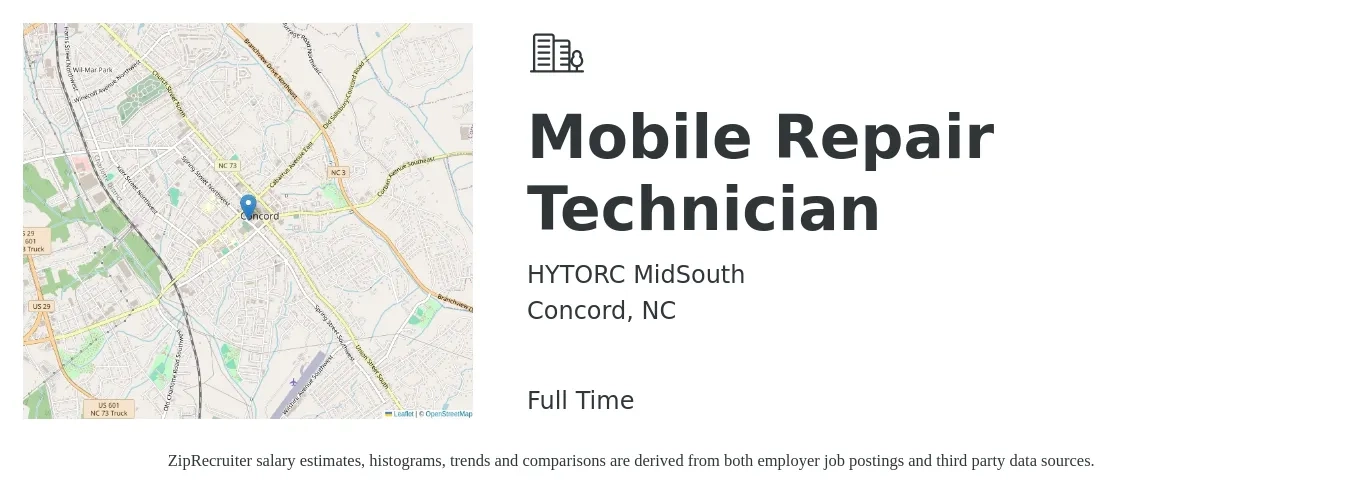 HYTORC MidSouth job posting for a Mobile Repair Technician in Concord, NC with a salary of $80,000 to $120,000 Yearly with a map of Concord location.