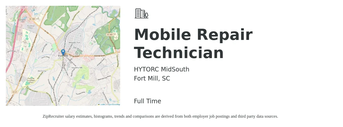 HYTORC MidSouth job posting for a Mobile Repair Technician in Fort Mill, SC with a salary of $80,000 to $120,000 Yearly with a map of Fort Mill location.