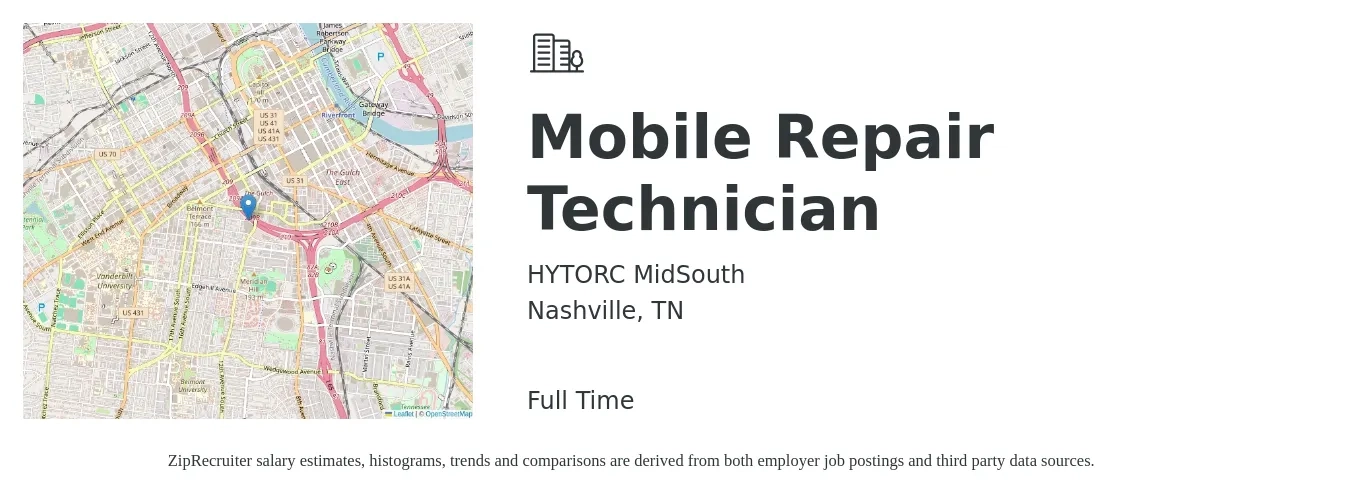 HYTORC MidSouth job posting for a Mobile Repair Technician in Nashville, TN with a salary of $18 to $24 Hourly with a map of Nashville location.