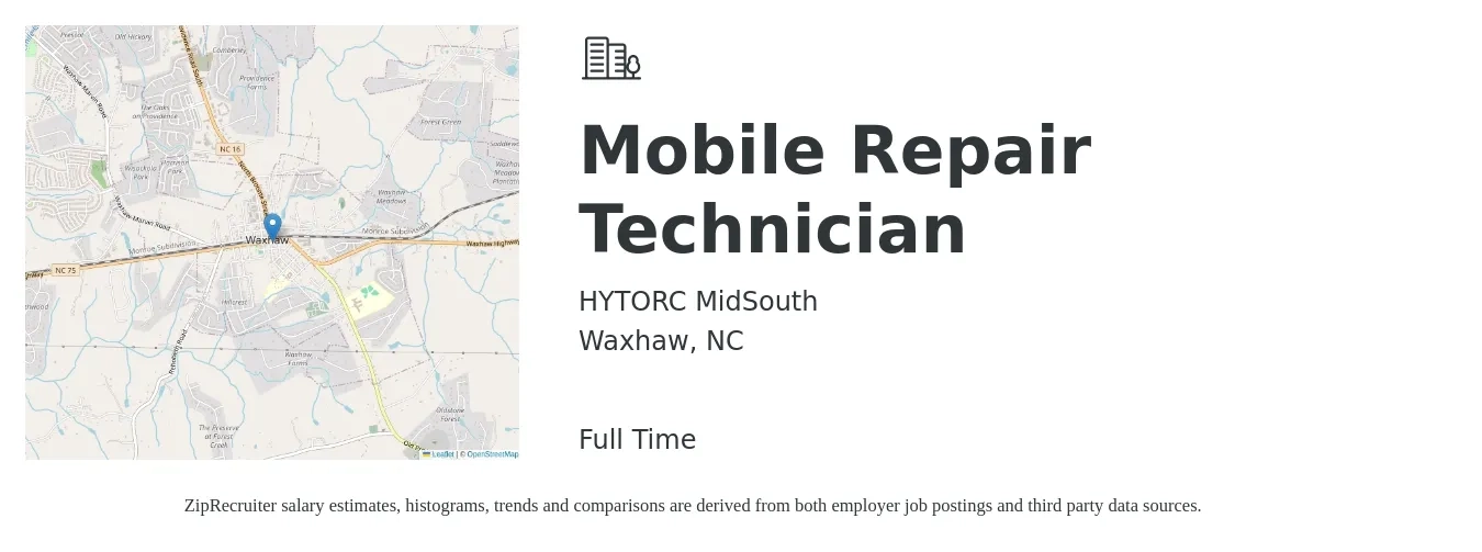 HYTORC MidSouth job posting for a Mobile Repair Technician in Waxhaw, NC with a salary of $80,000 to $120,000 Yearly with a map of Waxhaw location.