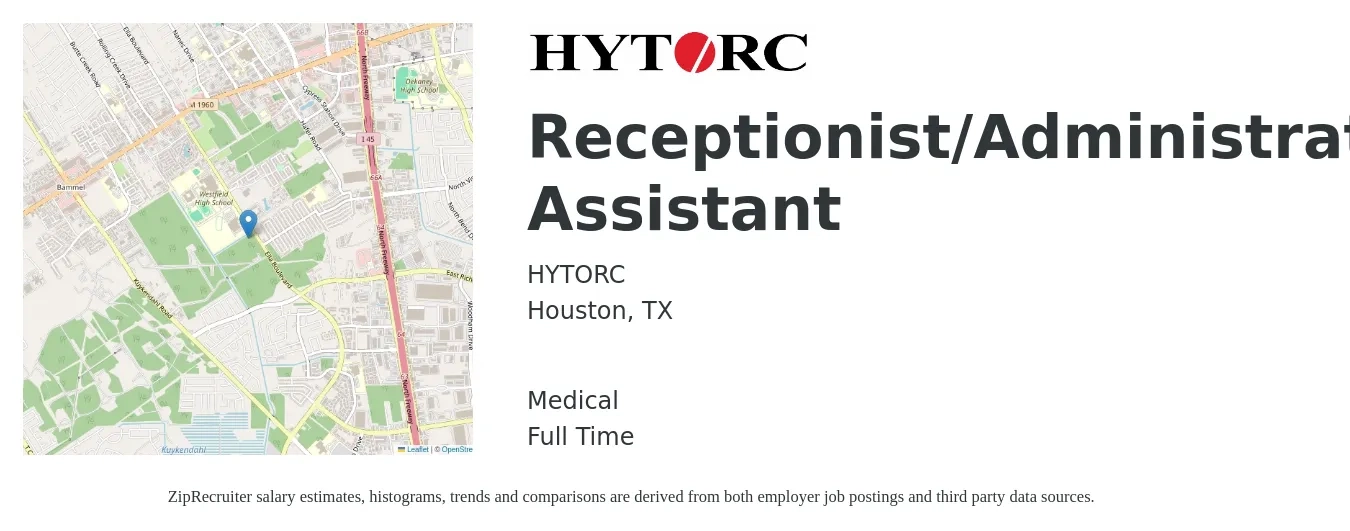 HYTORC job posting for a Receptionist/Administrative Assistant in Houston, TX with a salary of $16 to $20 Hourly and benefits including medical with a map of Houston location.