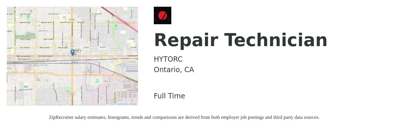 HYTORC job posting for a Repair Technician in Ontario, CA with a salary of $18 to $25 Hourly with a map of Ontario location.