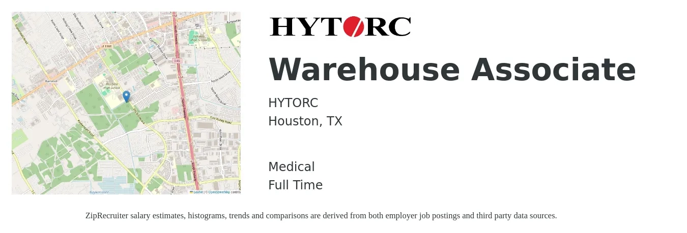 HYTORC job posting for a Warehouse Associate in Houston, TX with a salary of $15 to $18 Hourly and benefits including medical with a map of Houston location.