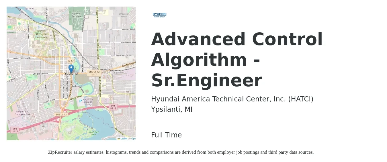 Hyundai America Technical Center, Inc. (HATCI) job posting for a Advanced Control Algorithm - Sr.Engineer in Ypsilanti, MI with a salary of $151,000 to $156,400 Yearly with a map of Ypsilanti location.