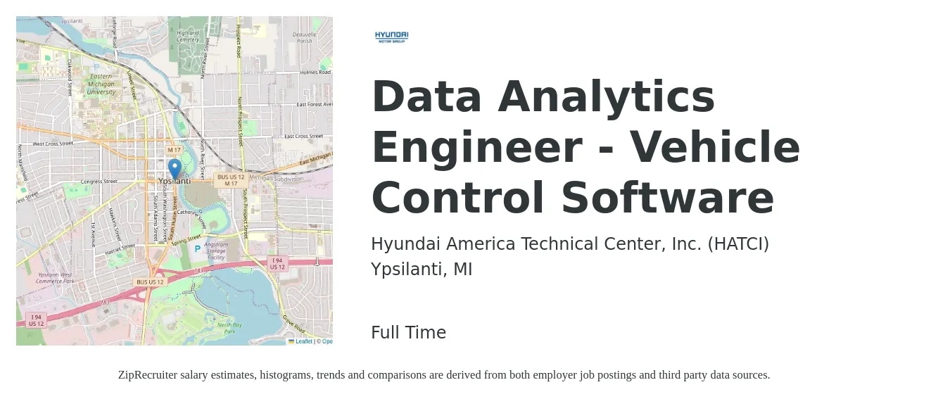 Hyundai America Technical Center, Inc. (HATCI) job posting for a Data Analytics Engineer - Vehicle Control Software in Ypsilanti, MI with a salary of $103,500 to $124,300 Yearly with a map of Ypsilanti location.