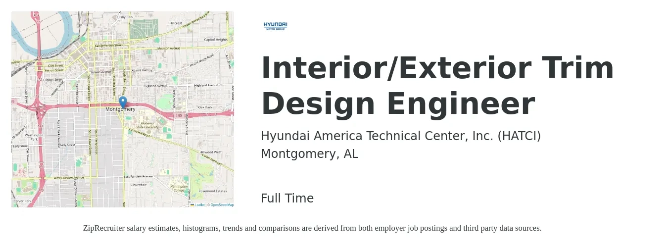 Hyundai America Technical Center, Inc. (HATCI) job posting for a Interior/Exterior Trim Design Engineer in Montgomery, AL with a salary of $66,400 to $96,200 Yearly with a map of Montgomery location.