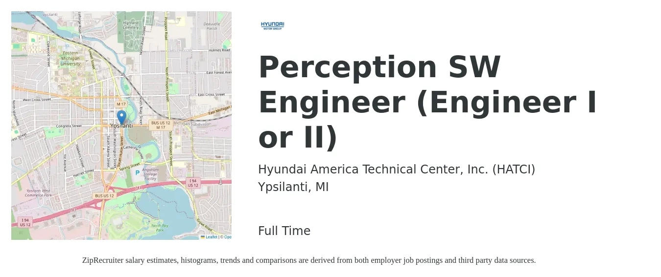 Hyundai America Technical Center, Inc. (HATCI) job posting for a Perception SW Engineer (Engineer I or II) in Ypsilanti, MI with a salary of $75,900 to $105,300 Yearly with a map of Ypsilanti location.