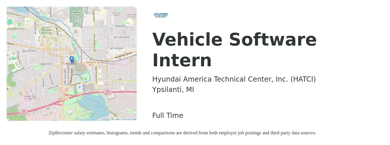 Hyundai America Technical Center, Inc. (HATCI) job posting for a Vehicle Software Intern in Ypsilanti, MI with a salary of $20 to $27 Hourly with a map of Ypsilanti location.