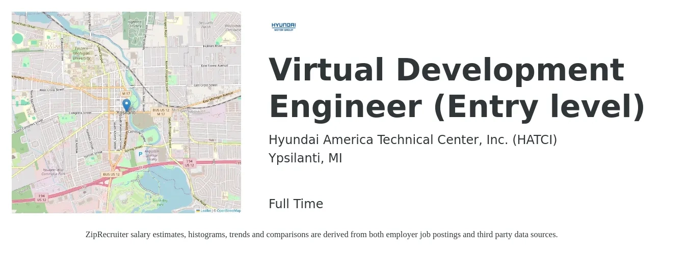 Hyundai America Technical Center, Inc. (HATCI) job posting for a Virtual Development Engineer (Entry level) in Ypsilanti, MI with a salary of $48 to $65 Hourly with a map of Ypsilanti location.