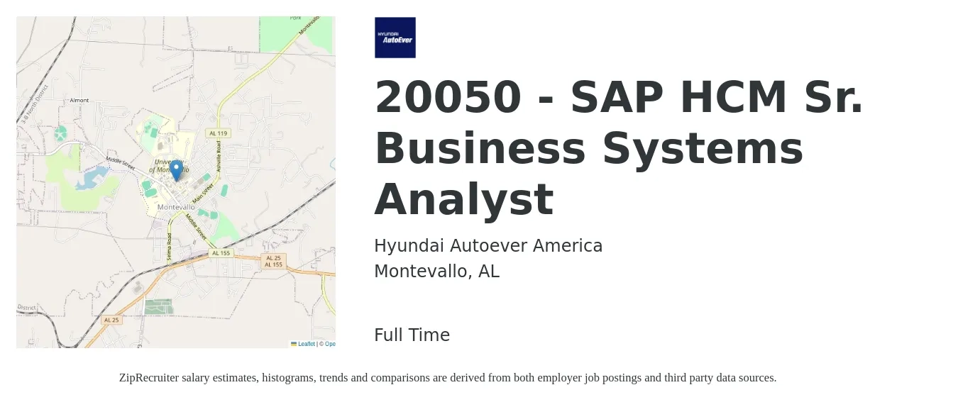 Hyundai Autoever America job posting for a 20050 - SAP HCM Sr. Business Systems Analyst in Montevallo, AL with a salary of $75,880 to $108,500 Yearly with a map of Montevallo location.