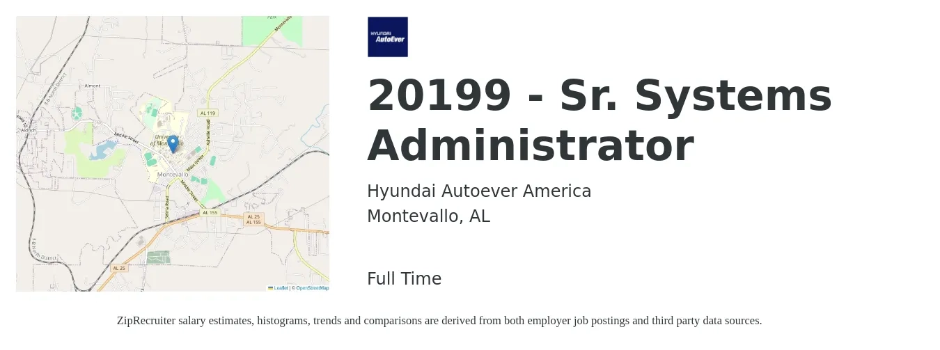 Hyundai Autoever America job posting for a 20199 - Sr. Systems Administrator in Montevallo, AL with a salary of $81,040 to $124,800 Yearly with a map of Montevallo location.