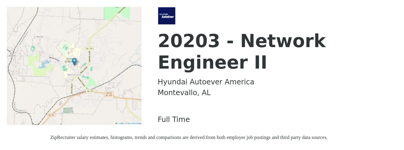 Hyundai Autoever America job posting for a 20203 - Network Engineer II in Montevallo, AL with a salary of $65,950 to $94,300 Yearly with a map of Montevallo location.