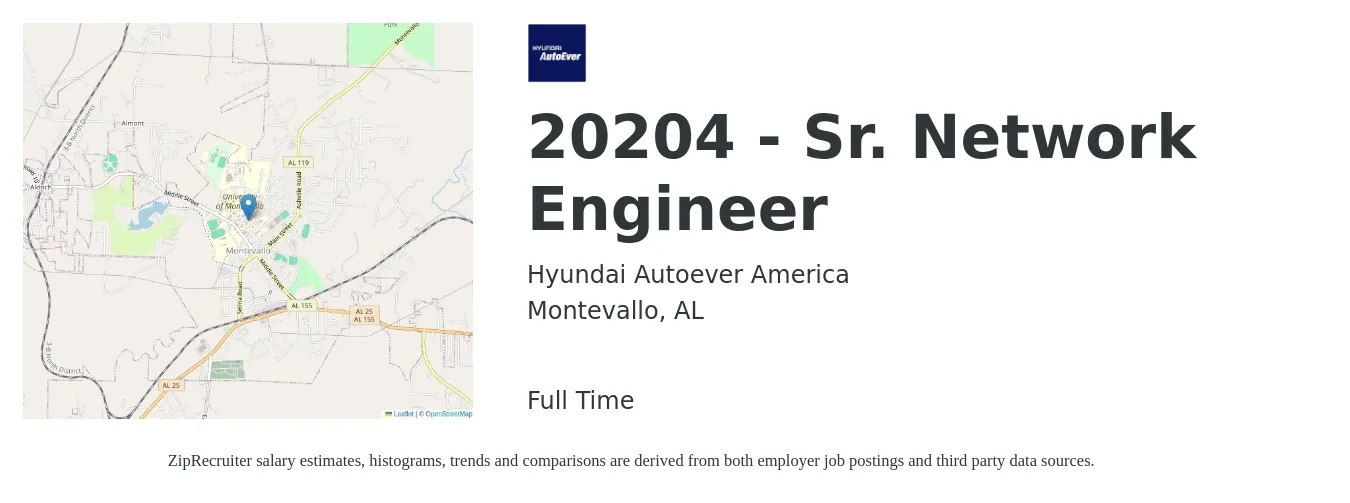 Hyundai Autoever America job posting for a 20204 - Sr. Network Engineer in Montevallo, AL with a salary of $81,040 to $124,800 Yearly with a map of Montevallo location.