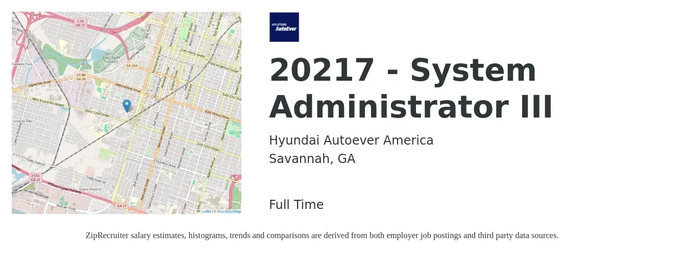 Hyundai Autoever America job posting for a 20217 - System Administrator III in Savannah, GA with a salary of $67,000 to $99,600 Yearly with a map of Savannah location.
