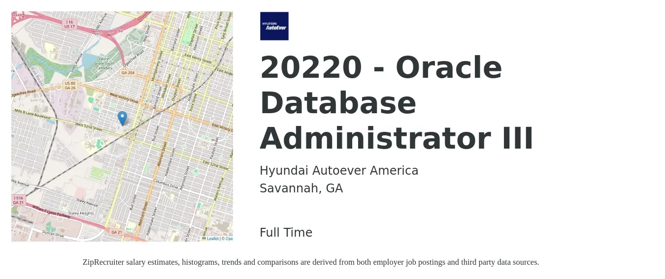Hyundai Autoever America job posting for a 20220 - Oracle Database Administrator III in Savannah, GA with a salary of $47 to $64 Hourly with a map of Savannah location.