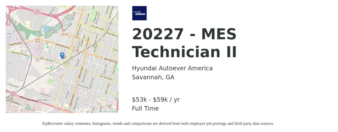 Hyundai Autoever America job posting for a 20227 - MES Technician II in Savannah, GA with a salary of $53,000 to $59,000 Yearly with a map of Savannah location.