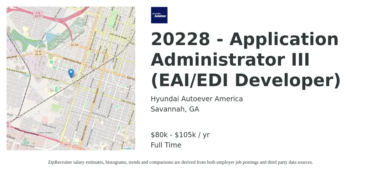Hyundai Autoever America job posting for a 20228 - Application Administrator III (EAI/EDI Developer) in Savannah, GA with a map of Savannah location.